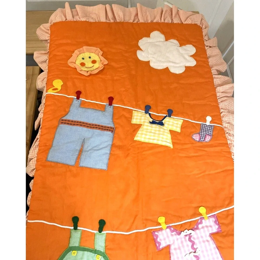 Vintage Baby Blanket Quilt Comforter 60 x 37 Clothes Line Orange‎ Gingham RARE